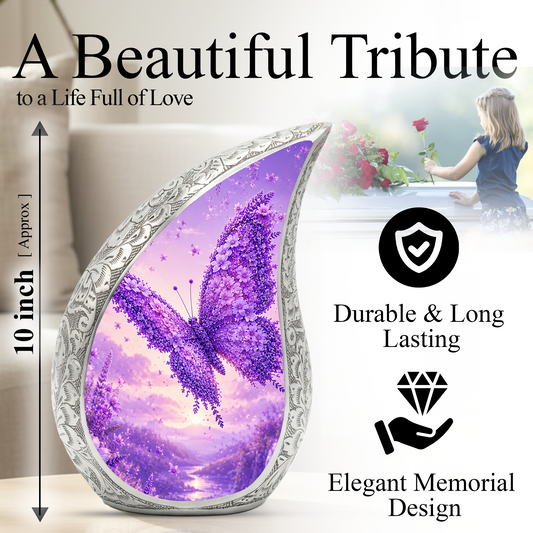Butterfly Urn for Human Ashes | Purple Floral Adult Cremation Urn | Beautiful Butterfly Memorial Urn for Ashes