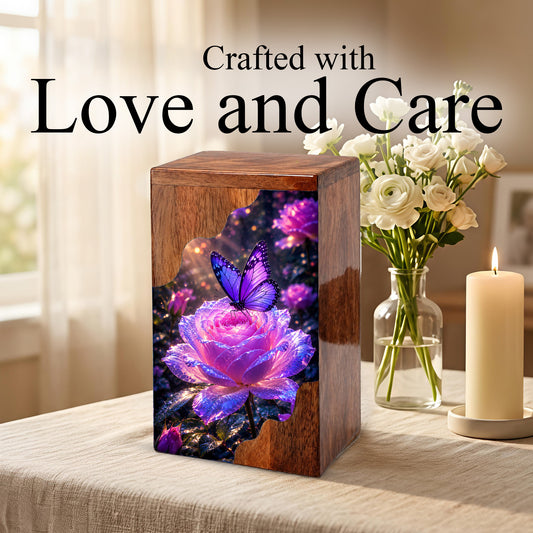 Purple Butterfly Rose Wooden Cremation Urn – Wooden Urn for Human Ashes