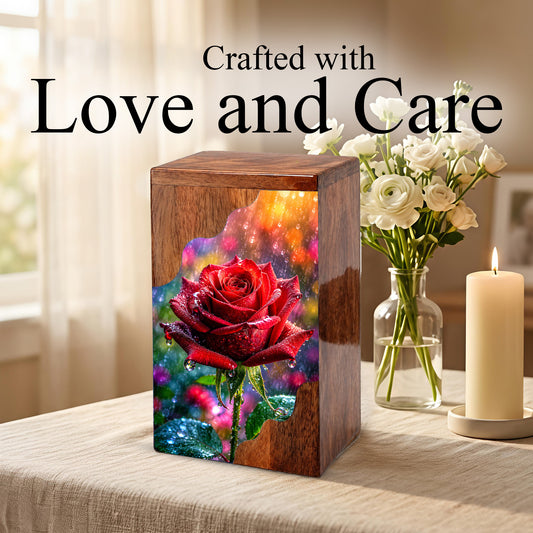 Red Rose Wooden Cremation Urn – Wooden Urn for Human Ashes
