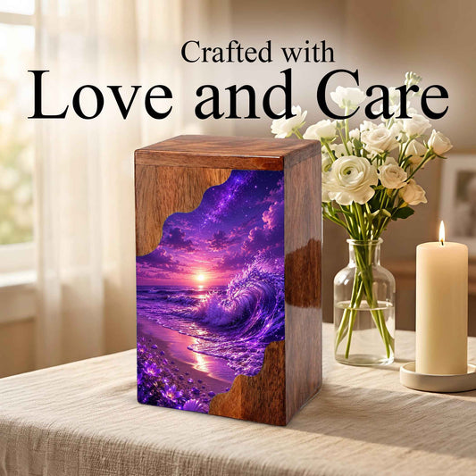 Violet Ocean Wooden Cremation Urn – Beach Theme Wooden Urn for Human Ashes