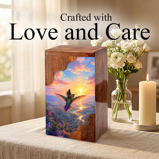 Hummingbird Wooden Cremation Urn for Human Ashes