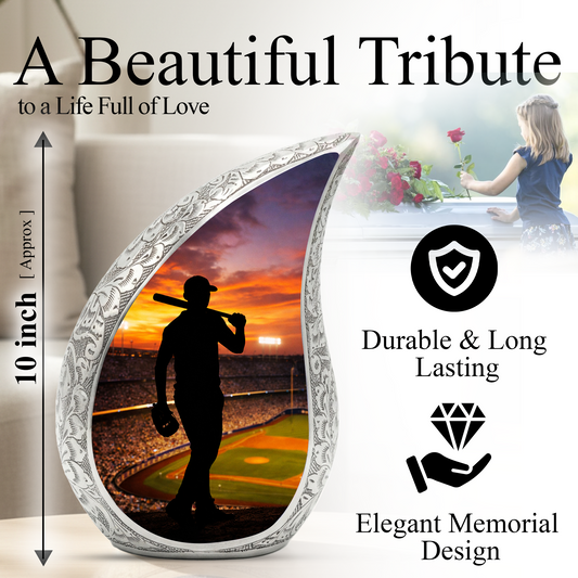 Baseball Personalized Cremation Urn – Teardrop Style Aluminum Memorial Urn, 10 Inch
