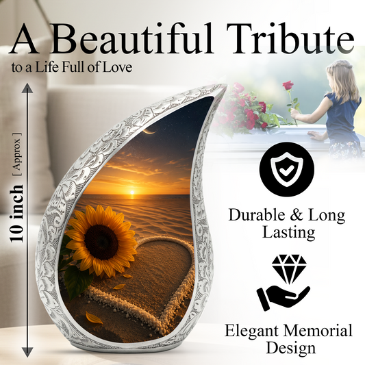 Beach Sunflower Urn for Human Ashes | Adult Cremation Urn with Sunflower & Coastal Design