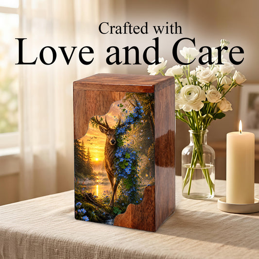 Deer Wooden Cremation Urn – Nature Memorial Urn for Human Ashes