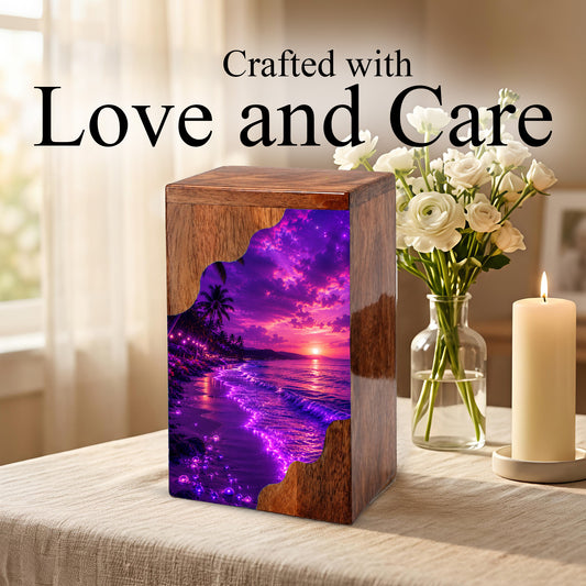 Beach Wooden Cremation Urn – Ocean Sunset Memorial Urn for Human Ashes