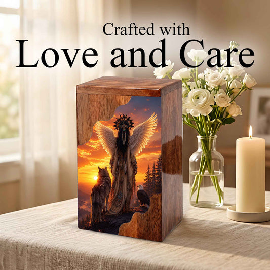 Spirit Guardian Wooden Cremation Urn – Angel Wings Memorial Urn for Human Ashes