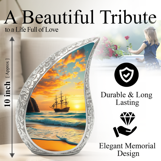 Sunset Sailing Personalized Cremation Urn – Teardrop Style Aluminum Memorial Urn, 10 Inch