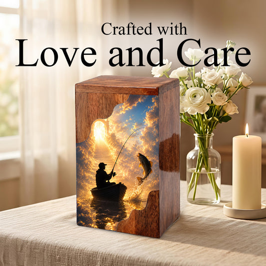 Heavenly Fishing Wooden Cremation Urn – Personalized Memorial Urn for Human Ashes