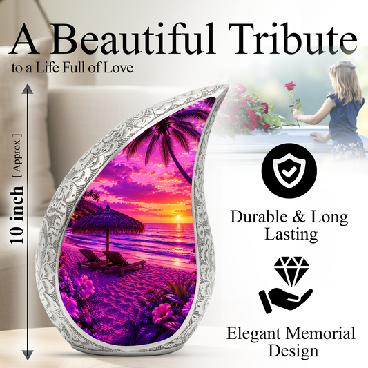Beach Urns for Human Ashes – Purple Tropical Sunset Beach Themed Cremation Urn with Palm Trees