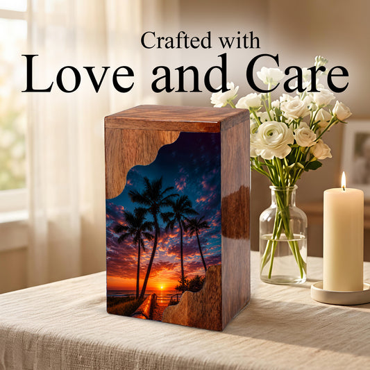 Beach Wooden Cremation Urn for Human Ashes | Tropical Sunset Memorial Urn