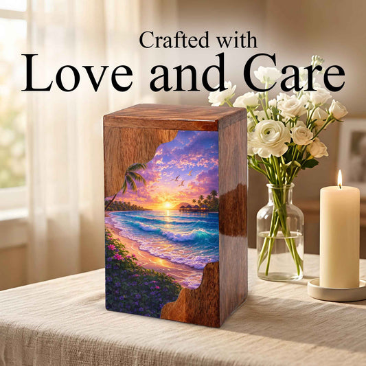 Beach Wooden Cremation Urn – Ocean Sunset Memorial Urn with Tropical Coastal Design