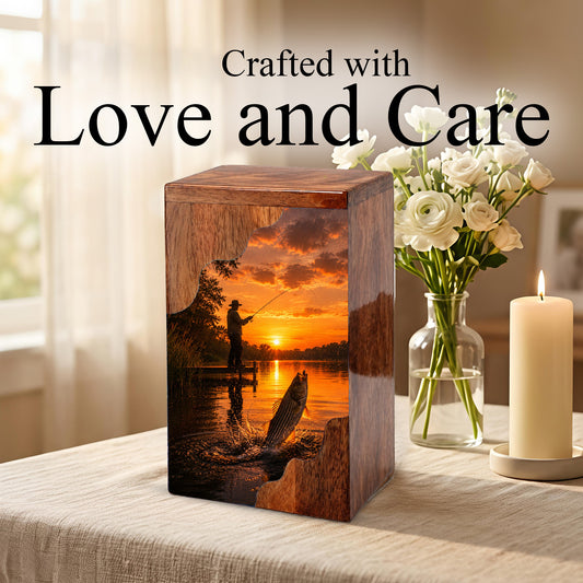 Sunset Fishing Wooden Cremation Urn – Personalized Memorial Urn for Human Ashes