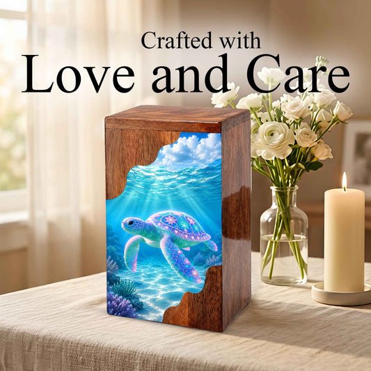 Sea Turtle Wooden Cremation Urn – Ocean Memorial Urn for Human Ashes