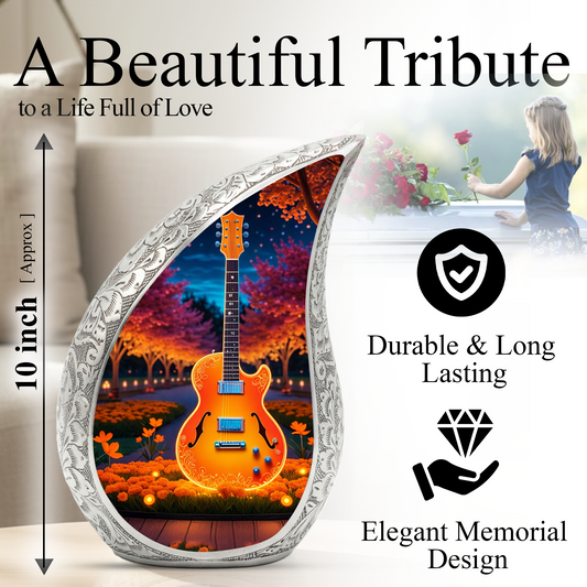 Personalized Guitar Cremation Urn – Custom Music Memorial Urn for Ashes, Teardrop Aluminum Adult Urn, 10 Inch
