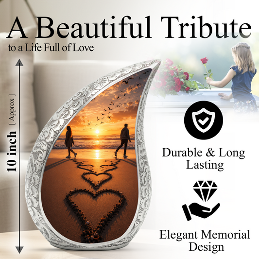 Beach Sunset Cremation Urn for Human Ashes | Heart-Shaped Ocean Memorial Urn & Beach Themed Keepsake Urn