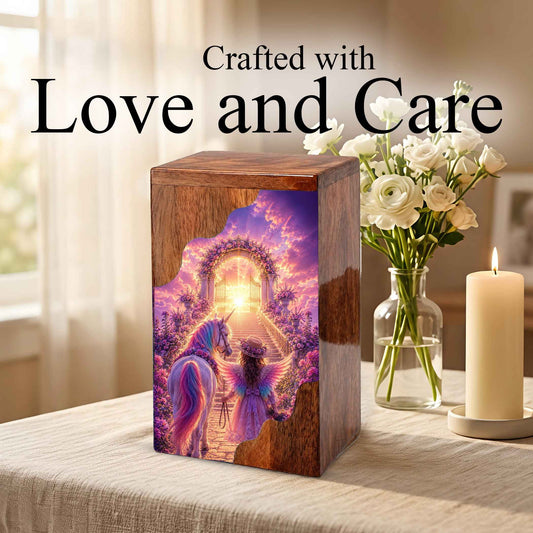 Angel Heaven Gate Wooden Cremation Urn – Heavenly Garden Memorial Wooden Urn for Human Ashes