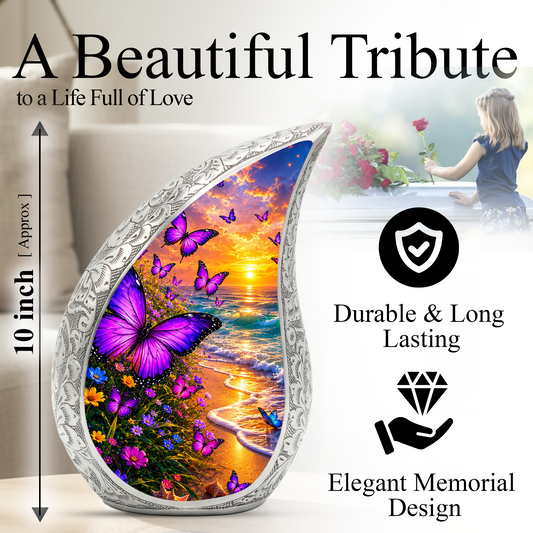 Purple Butterfly Memorial Urn for Mom, Beach Butterfly Cremation Urn for Ashes