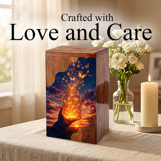 Butterfly Release Wooden Cremation Urn – Sunset Memorial Urn for Human Ashes