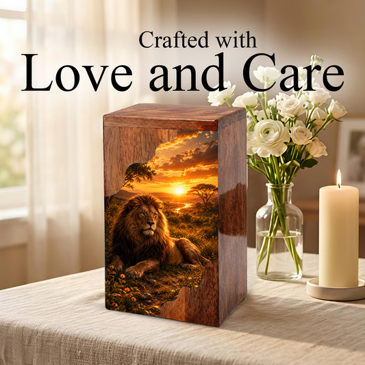 Lion Wooden Cremation Urn – Wooden Urn for Human Ashes | Memorial Urn for Dad