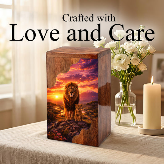 Lion Wooden Cremation Urn – Father Memorial Urn for Ashes | Strength & Legacy Wooden Urn