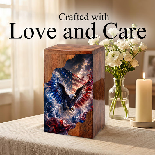 American Eagle Wooden Cremation Urn | Patriotic Veteran Urn for Dad