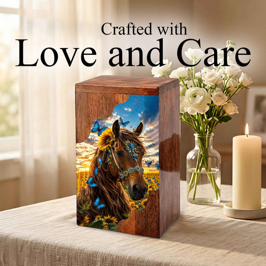 Horse Wooden Cremation Urn | Wooden Urn for Human Ashes | Sunflower Horse Memorial Urn