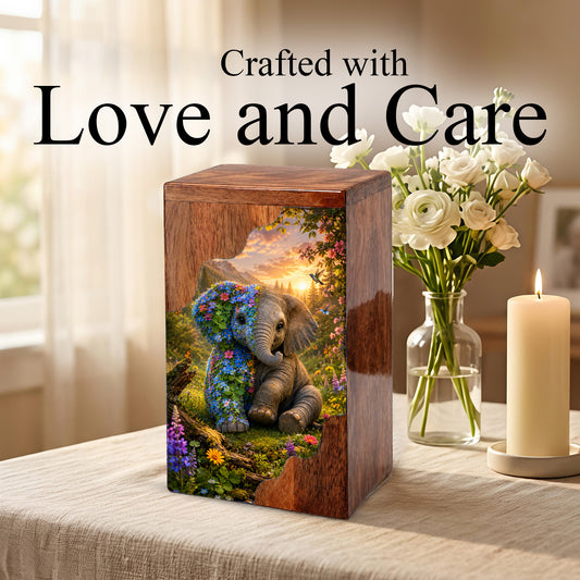 Wooden Cremation Urn for Human Ashes, Elephant Memorial Urn