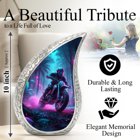 Motorcycle Personalized Cremation Urn for Dad – Teardrop Style Aluminum Memorial Urn, 10 Inch |