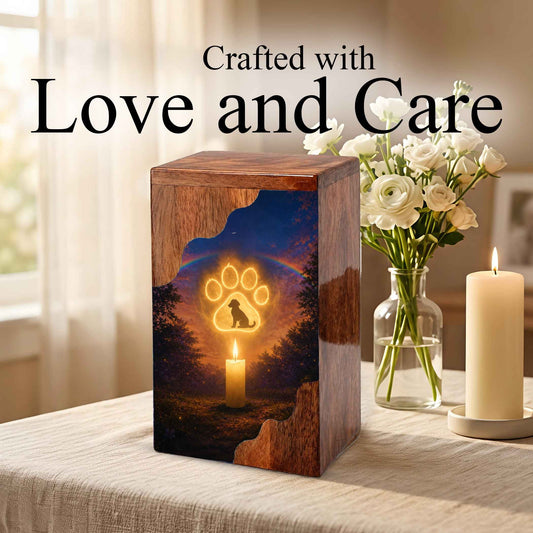 Personalized Dog Urn for Ashes, Rainbow Bridge Wooden Cremation Urn