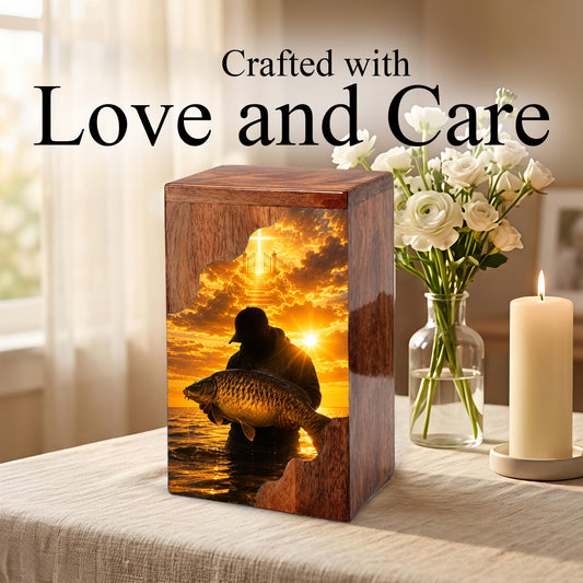 Fisherman Heaven Wooden Cremation Urn – Sunset Fishing Memorial Urn