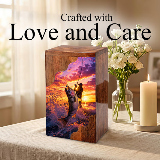 Fishing Wooden Cremation Urn – Gone Fishing Memorial Urn for Human Ashes