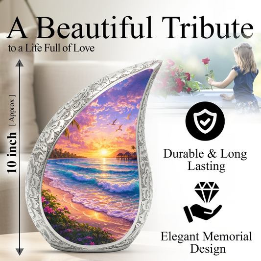 Personalized Beach Cremation Urn – Custom Ocean Sunset Memorial Urn for Ashes, Tropical Beach Teardrop Aluminum Adult Urn, 10 Inch |