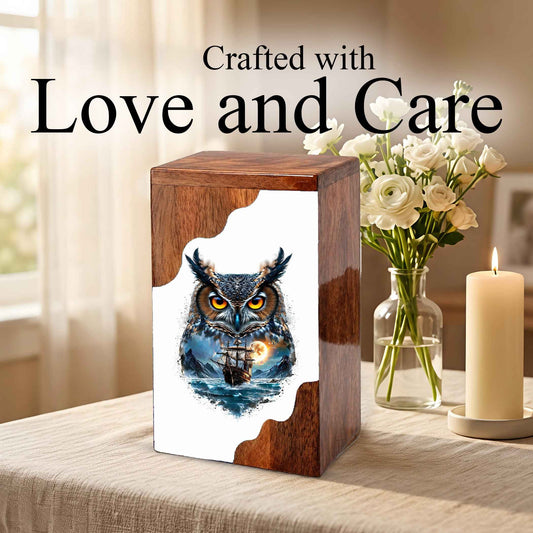 Owl Wooden Cremation Urn – Moonlit Owl Memorial Urn with Ocean Ship Artwork