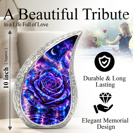 Galaxy Rose Cremation Urn for Mom - Purple Cosmic Rose Memorial Keepsake Urn