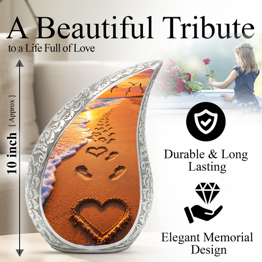 Beach Footprints Memorial Urn for Human Ashes – Personalized Cremation Urn | Heart in Sand Funeral Urn for Mom, Dad & Loved Ones