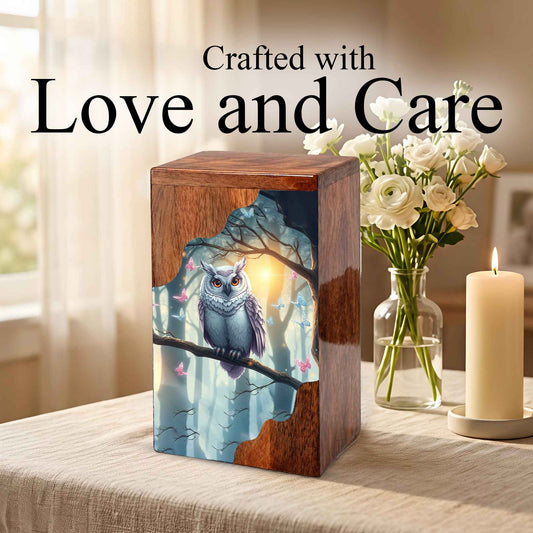 Wooden Cremation Urn – Owl Memorial Urn | Custom Wooden Memorial Urn for Adult Ashes