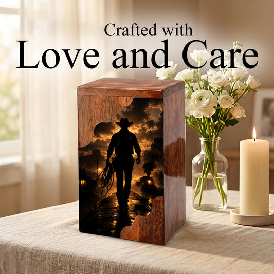Western Cowboy Wooden Cremation Urn – Cowboy Memorial Urn for Human Ashes
