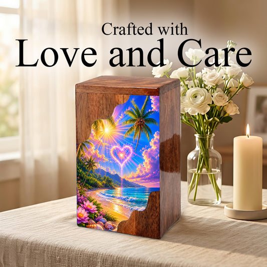 Tropical Beach Wooden Cremation Urn – Heart Sky Memorial Urn with Ocean Sunset Design