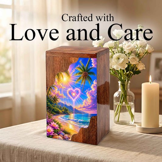 Tropical Beach Wooden Cremation Urn – Heart Sky Memorial Urn with Ocean Sunset Design