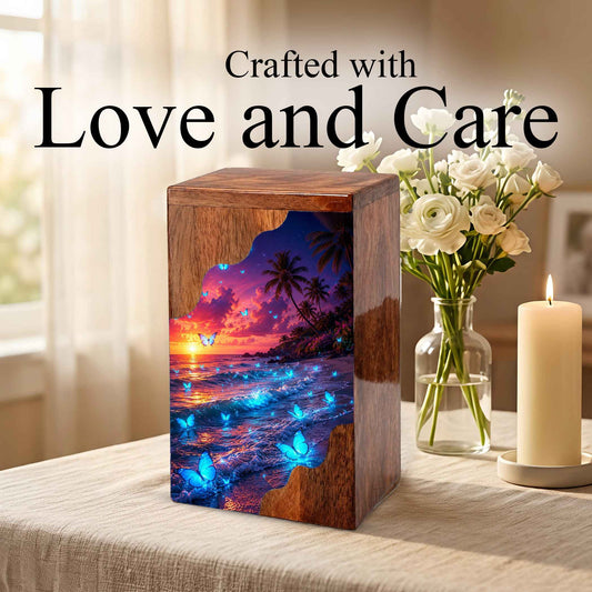 Butterfly Beach Wooden Cremation Urn – Sunset Ocean Memorial Urn for Mom
