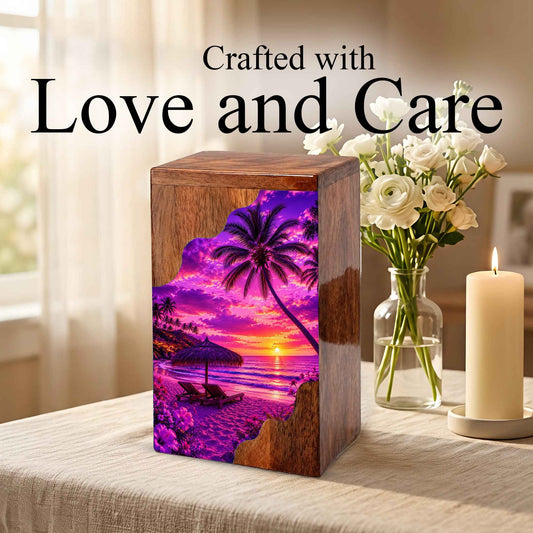 Sunset Beach Wooden Cremation Urn – Wooden Urn for Human Ashes