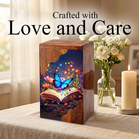 Wooden Cremation Urn – Butterfly Memorial Urn | Book of Memories Wooden Urn for Human Ashes