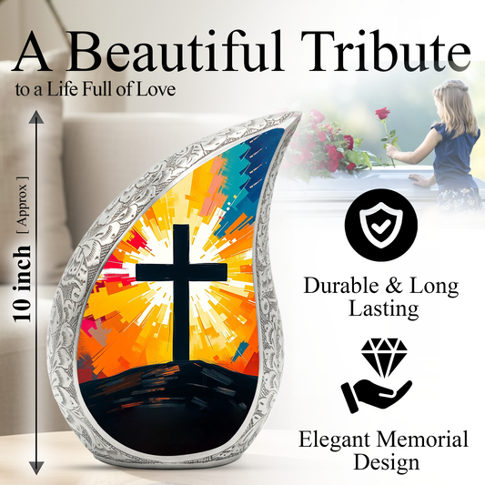 Cross Personalized Cremation Urn – Christian Memorial Teardrop Urn for Ashes | 10 Inch Aluminum Adult Urn