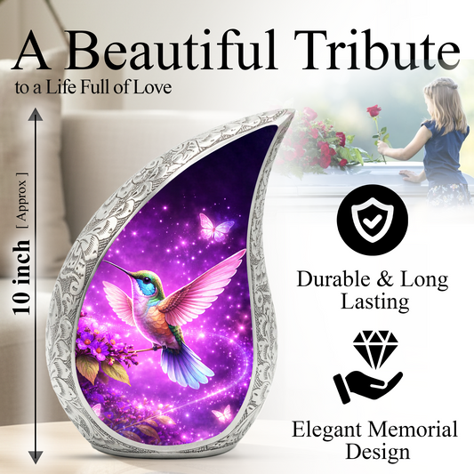 Hummingbird Personalized Cremation Urn – Teardrop Style Aluminum Memorial Urn, 10 Inch