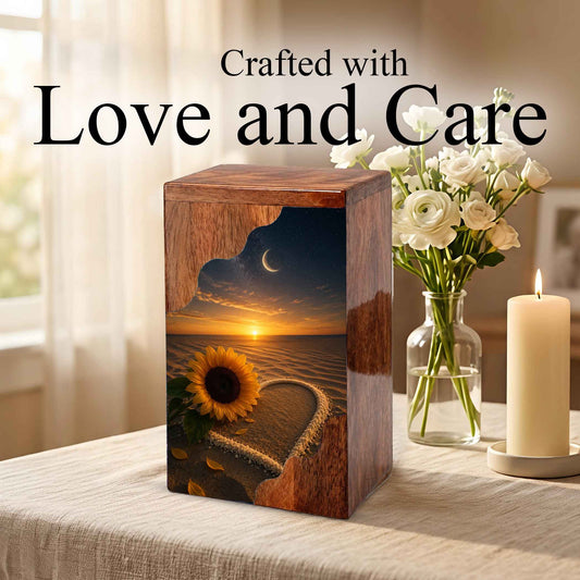Sunflower Beach Wooden Cremation Urn for Mom | Personalized Memorial Urn for Human Ashes