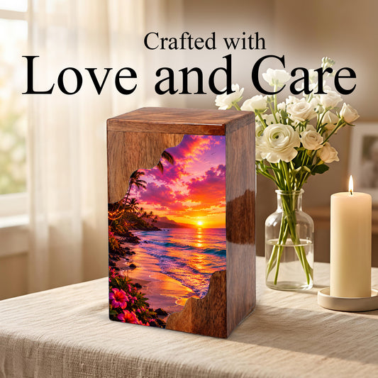 Sunset Beach Wooden Cremation Urn – Coastal Memorial Urn for Human Ashes