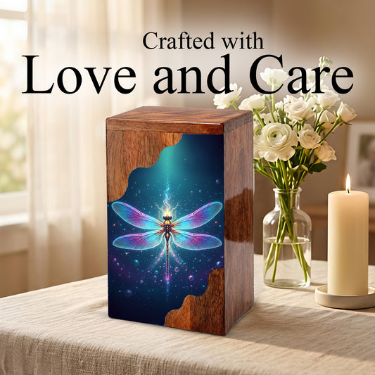 Dragonfly Wooden Cremation Urn – Radiant Butterfly Inspired Memorial Wooden Urn for Human Ashes