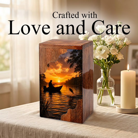 Fishing Urn for Dad | Handmade Wooden Cremation Urn | Gone Fishing Memorial Urn
