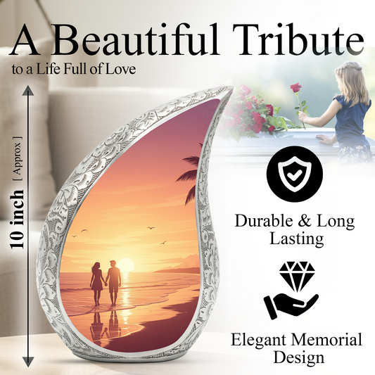 Personalized Beach Sunset Cremation Urn – Custom Ocean Memorial Urn for Ashes, Couple Beach Teardrop Aluminum Adult Urn, 10 Inch