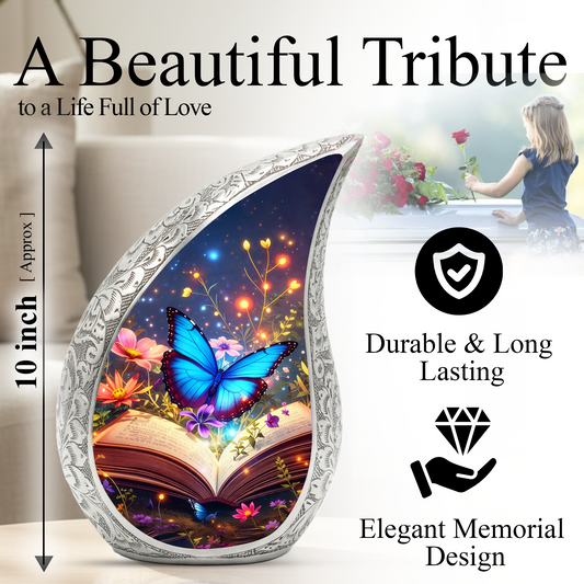 Butterfly Personalized Cremation Urn – Teardrop Style Aluminum Memorial Urn, 10 Inch